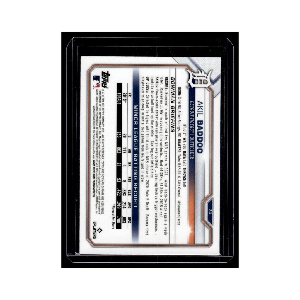 Akil Baddoo Rookie 2021 Bowman Chrome #34 Detroit Tigers Baseball Card NM