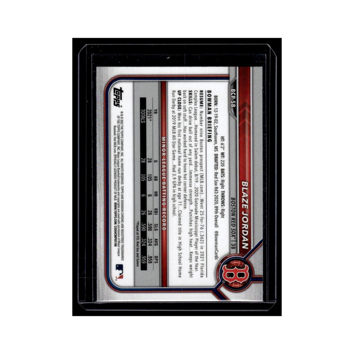 Blaze Jordan 2022 Bowman Chrome Prospects #BCP-58 Boston Red Sox NM