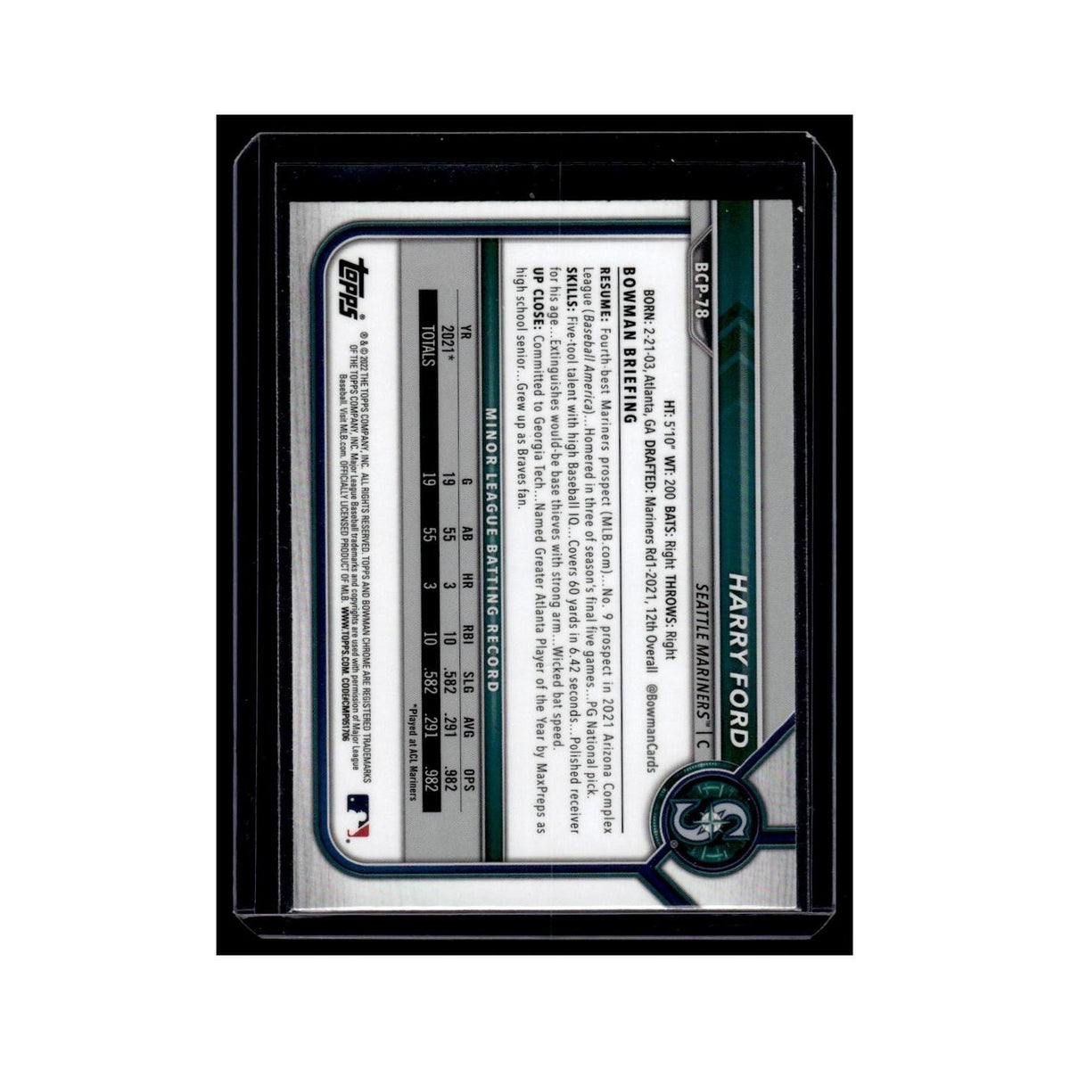 Harry Ford 2022 Bowman Chrome Prospects #BCP-78 Seattle Mariners NM