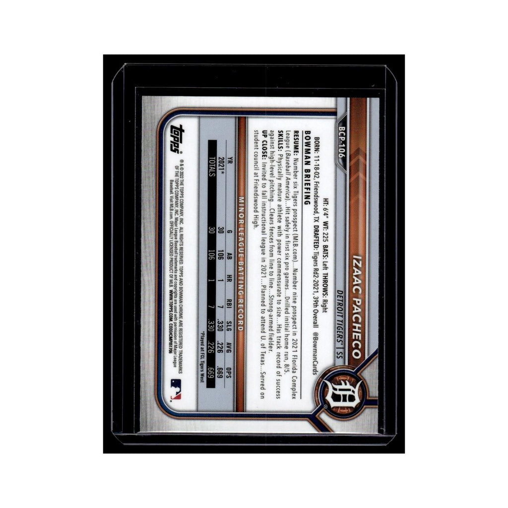 Izaac Pacheco 2022 Bowman Chrome Prospects #BCP-106 Detroit Tigers NM