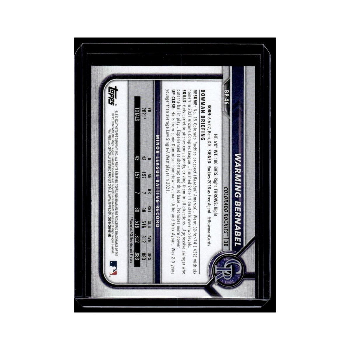 Warming Bernabel 2022 Bowman Prospects #BP-46 Colorado Rockies Baseball Card NM