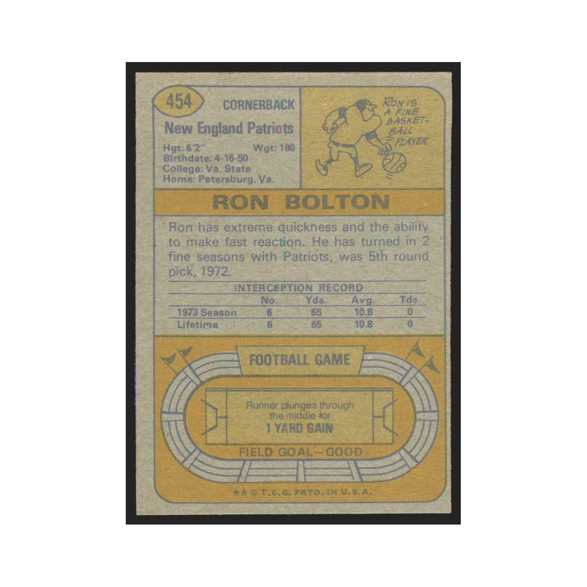 1974 Topps Ron Bolton Patriots #454.0
