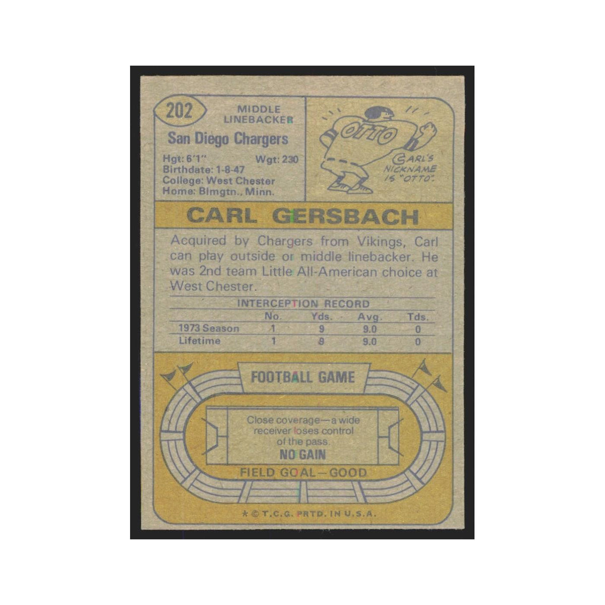 1974 Topps Carl Gersbach San Diego Chargers #202.0