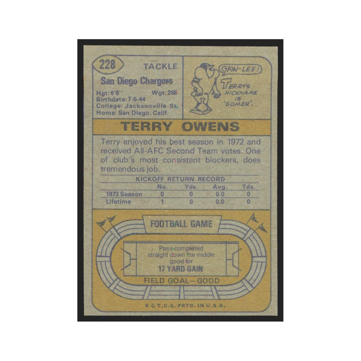 1974 Topps Terry Owens San Diego Chargers #228.0
