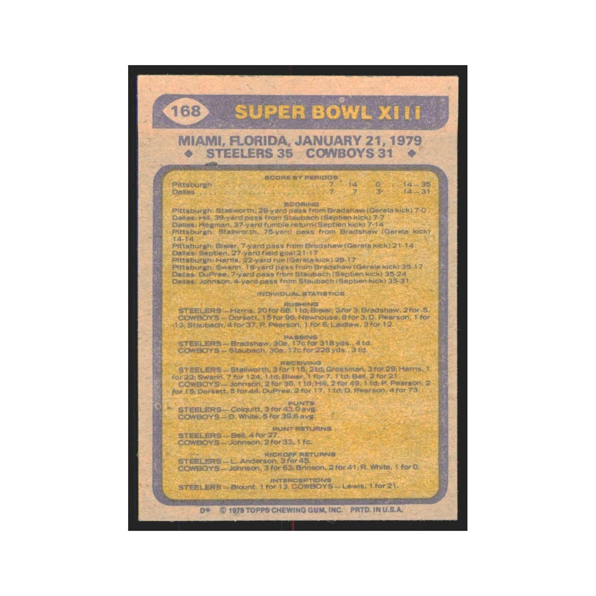 1979 Topps Super Bowl XIII Pittsburgh Steelers/Dallas Cowboys #168.0