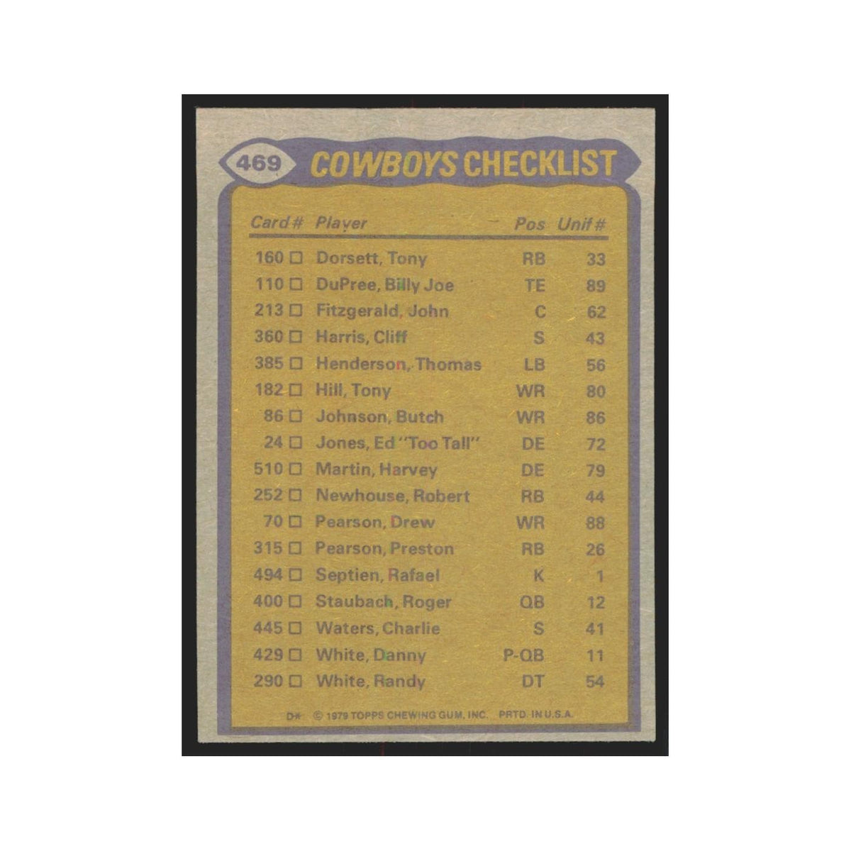 1979 Topps Tony Dorsett/Tony Hill/Benny Barnes/Harvey Martin/Randy White Cowboys