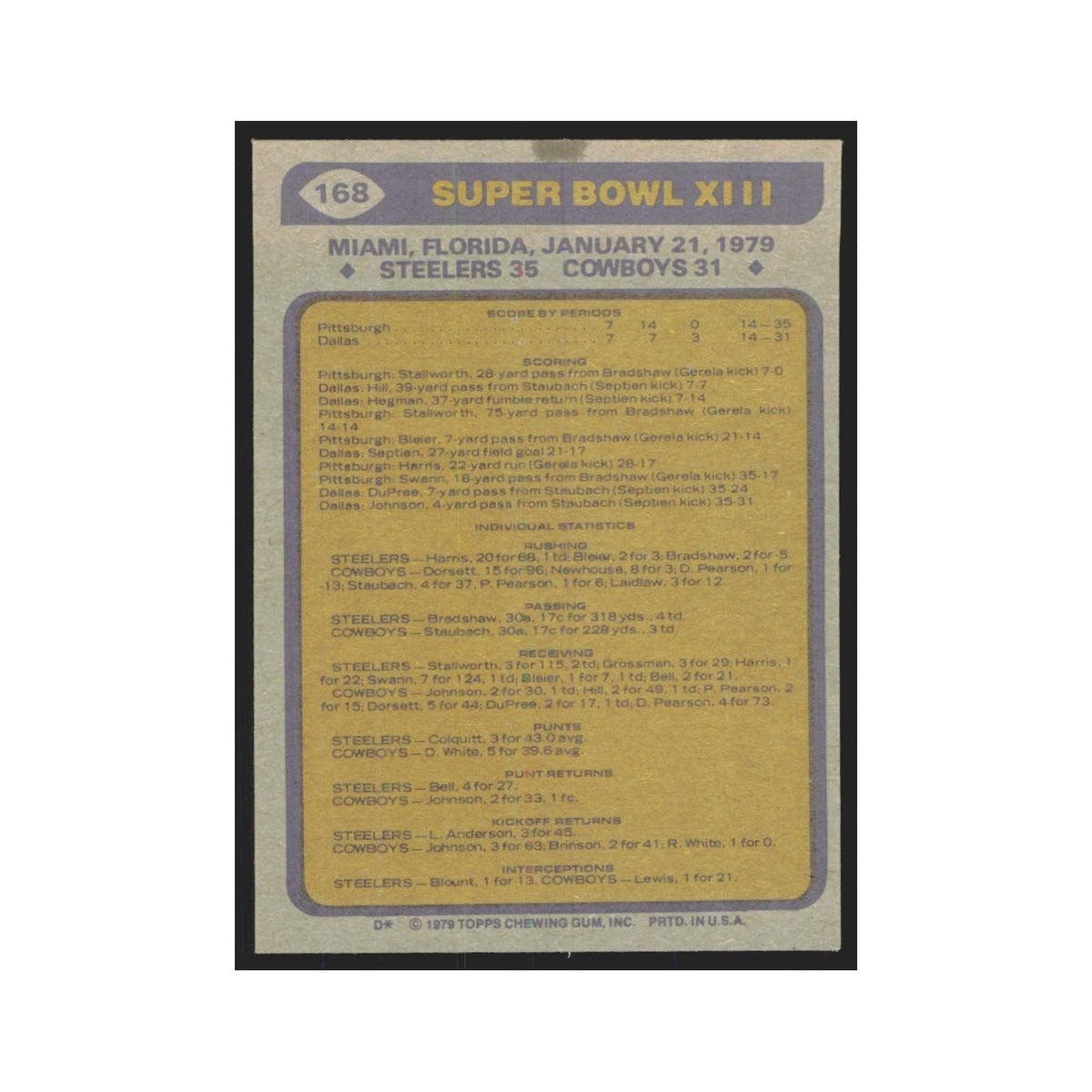 1979 Topps Super Bowl XIII Pittsburgh Steelers/Dallas Cowboys #168.0