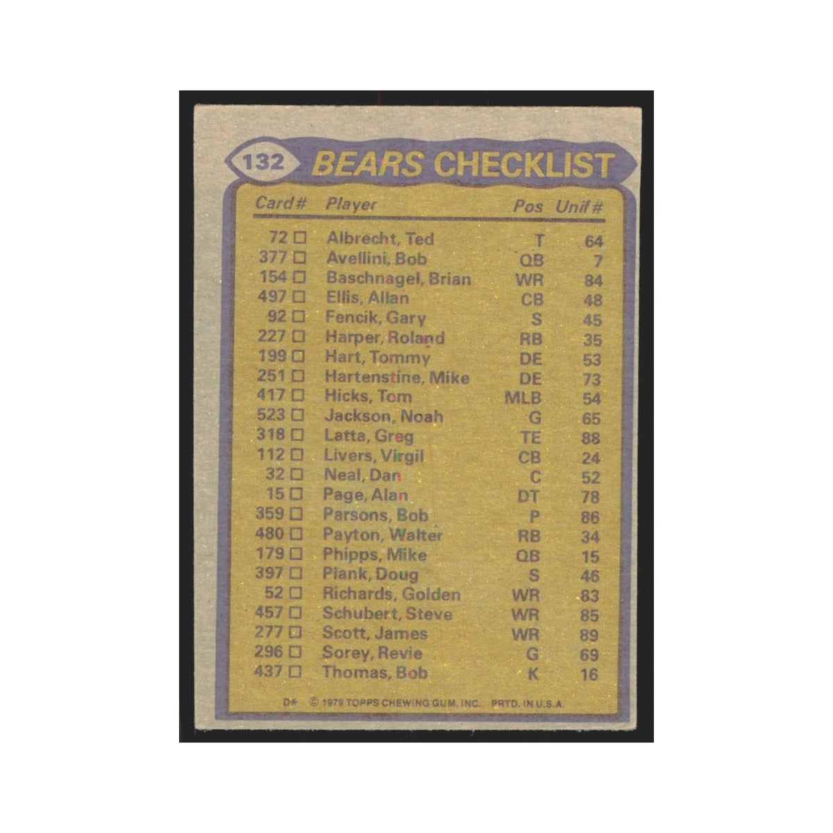 1979 Topps Walter Payton/James Scott/Gary Fencik/Alan Page Bears #132