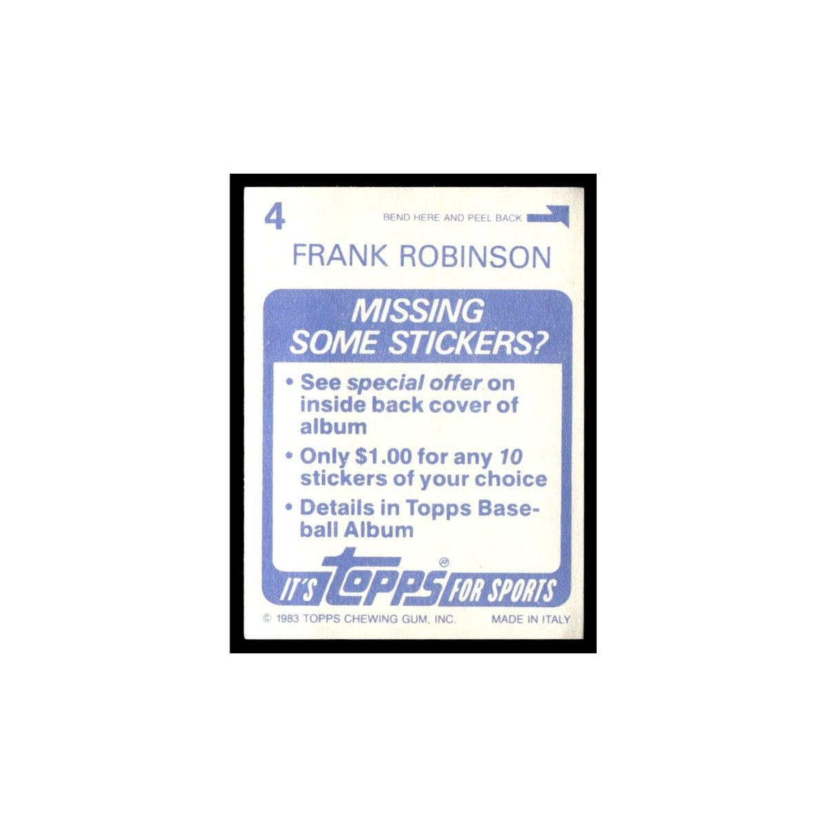 Frank Robinson 1983 Topps Stickers #4 Baltimore Orioles Baseball Card NM