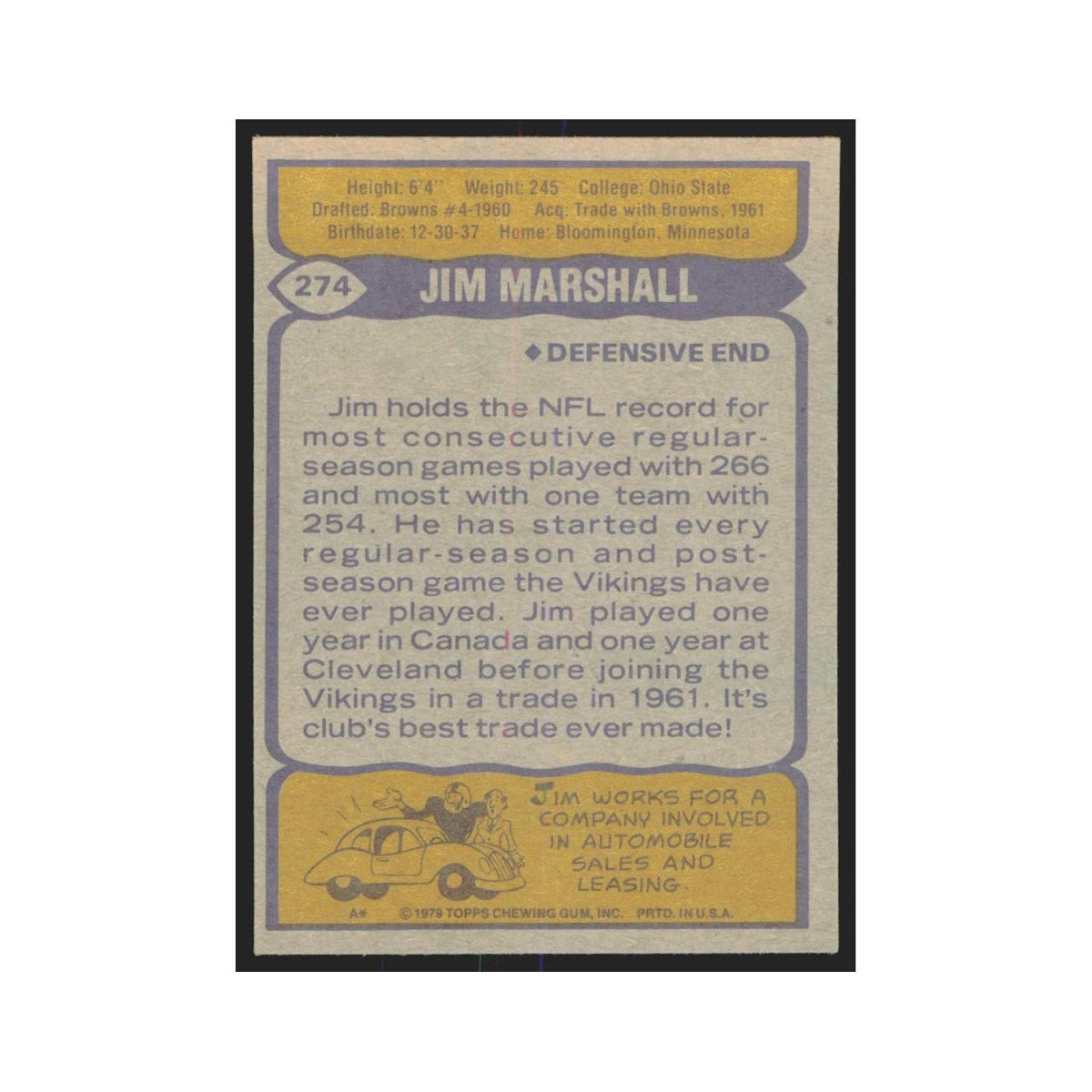 1979 Topps Jim Marshall Vikings #274