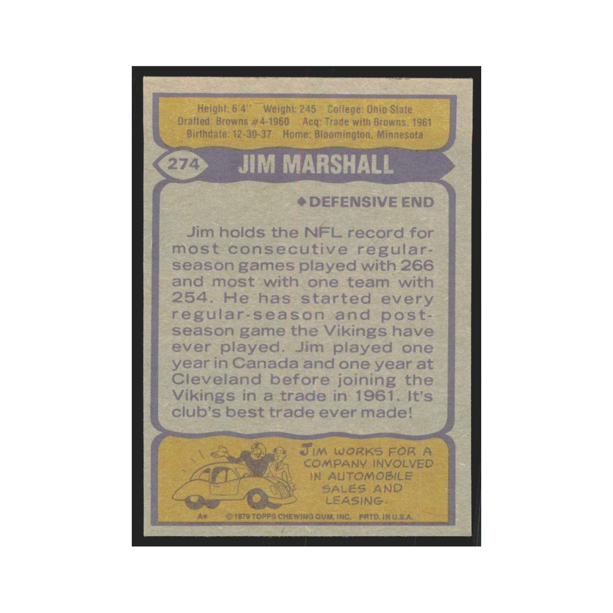 1979 Topps Jim Marshall Vikings #274