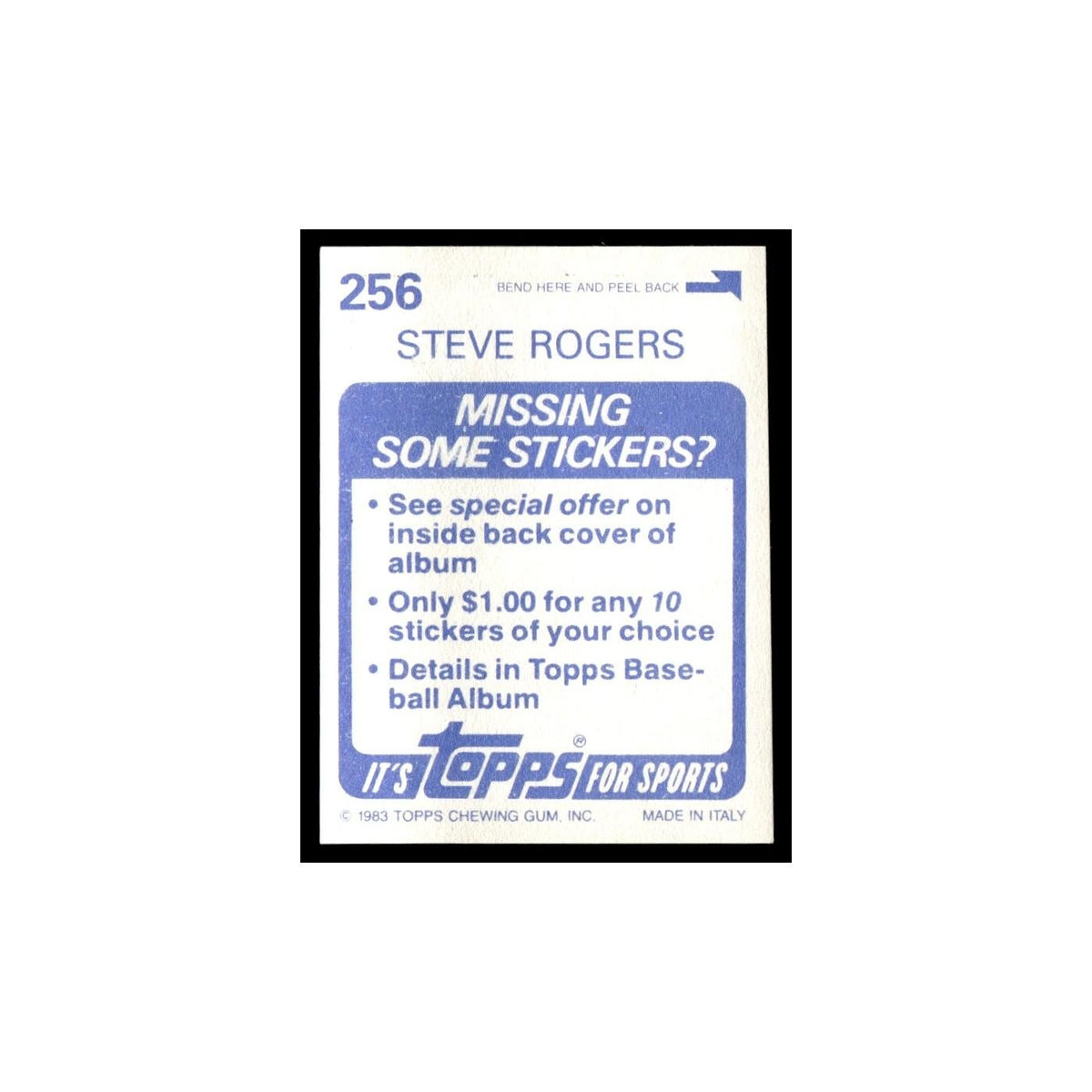 Steve Rogers 1983 Topps Stickers #256 Montreal Expos Baseball Card NM