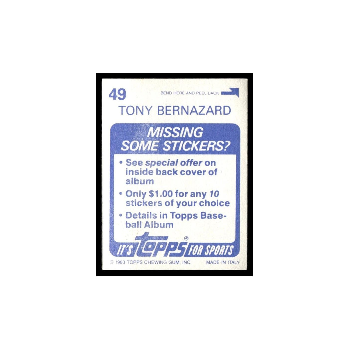 Tony Bernazard 1983 Topps Stickers #49 Chicago White Sox Baseball Card NM