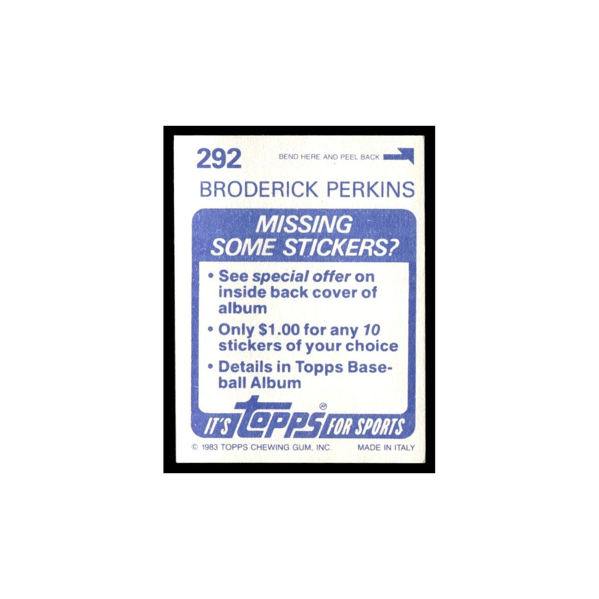 Broderick Perkins 1983 Topps Stickers #292 San Diego Padres Baseball Card NM