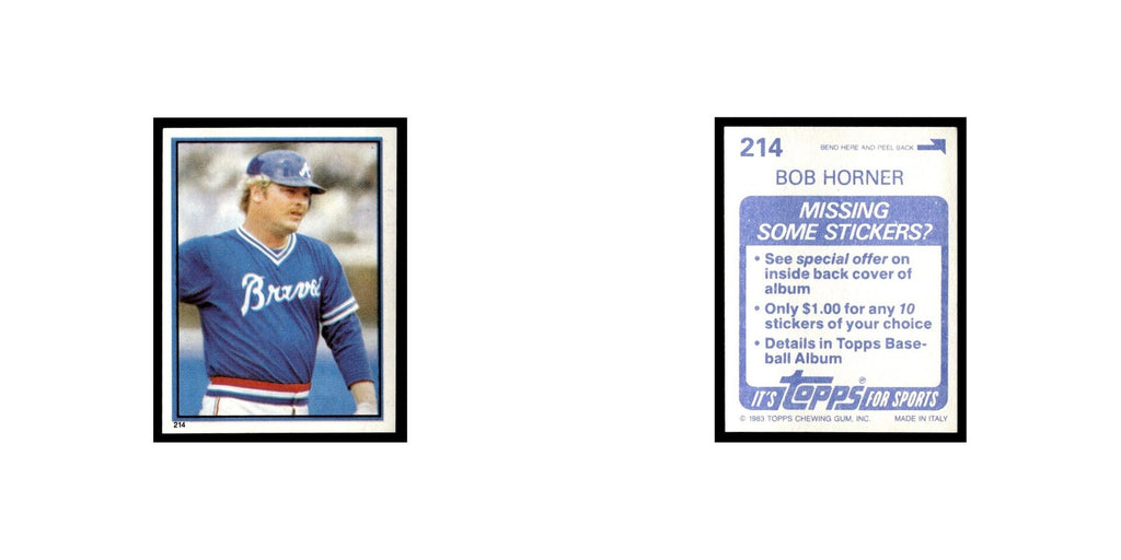 Bob Horner 1983 Topps Stickers #214 Atlanta Braves Baseball Card NM