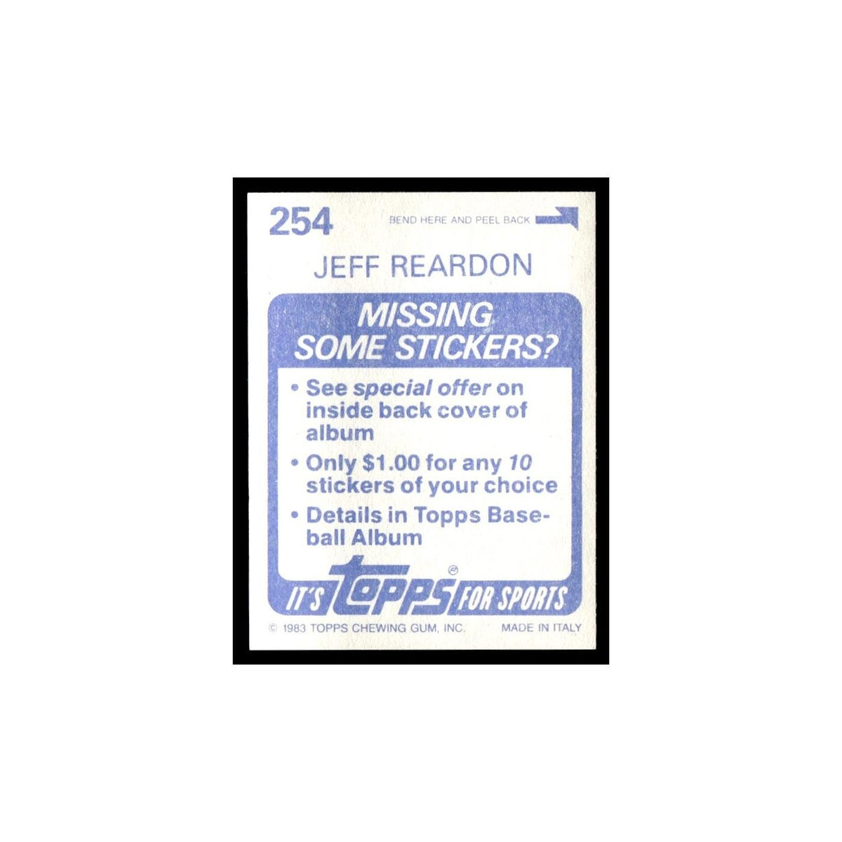 Jeff Reardon 1983 Topps Stickers #254 Montreal Expos Baseball Card NM