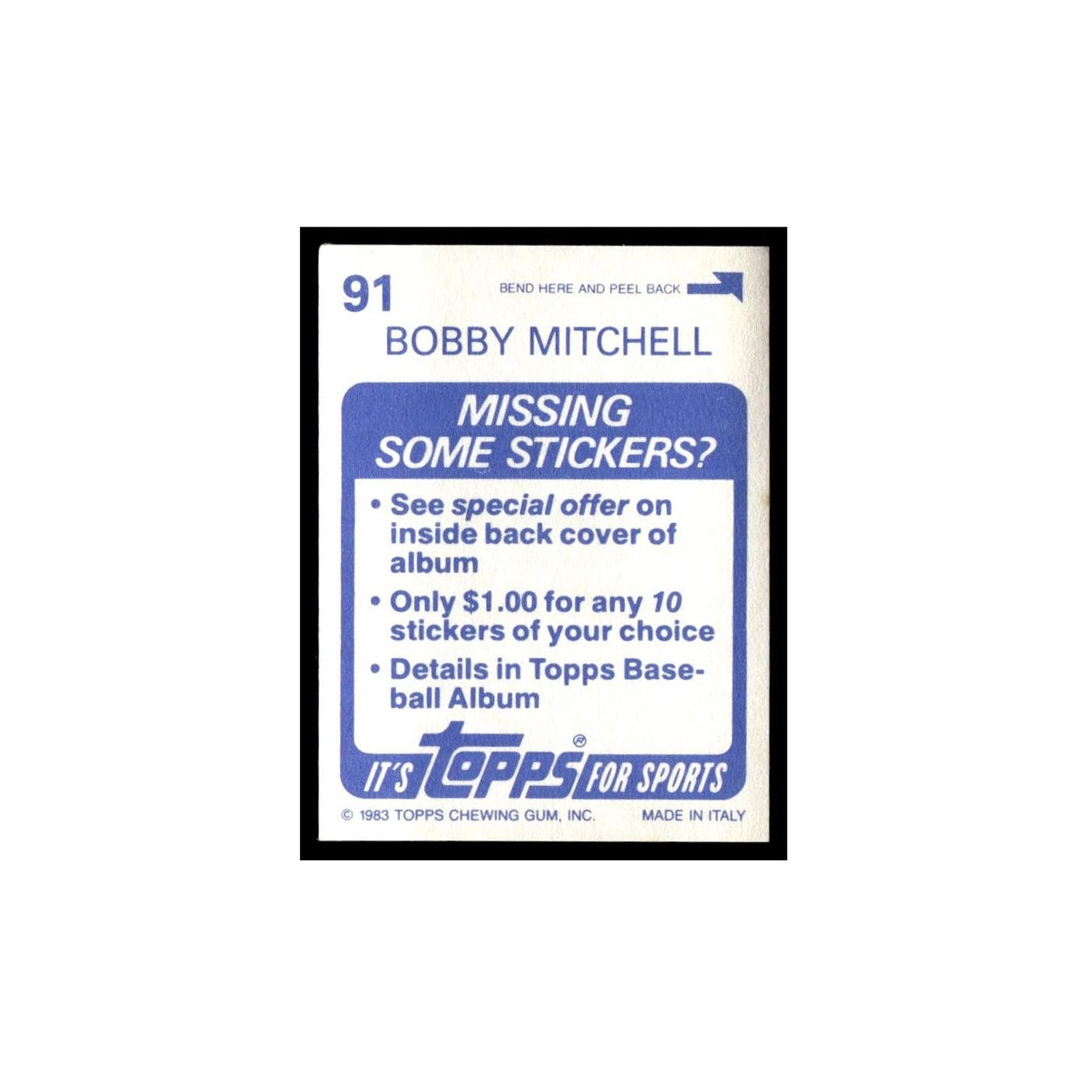 Bobby Mitchell 1983 Topps Stickers #91 Minnesota Twins Baseball Card NM