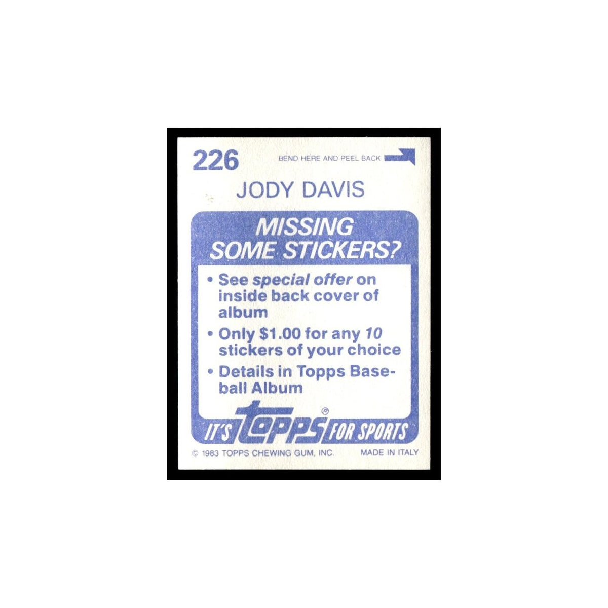 Jody Davis 1983 Topps Stickers #226 Chicago Cubs Baseball Card NM