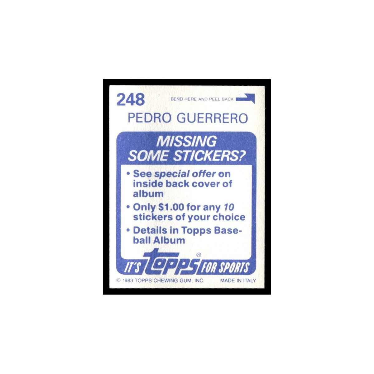 Pedro Guerrero 1983 Topps Stickers #248 Los Angeles Dodgers Baseball Card NM