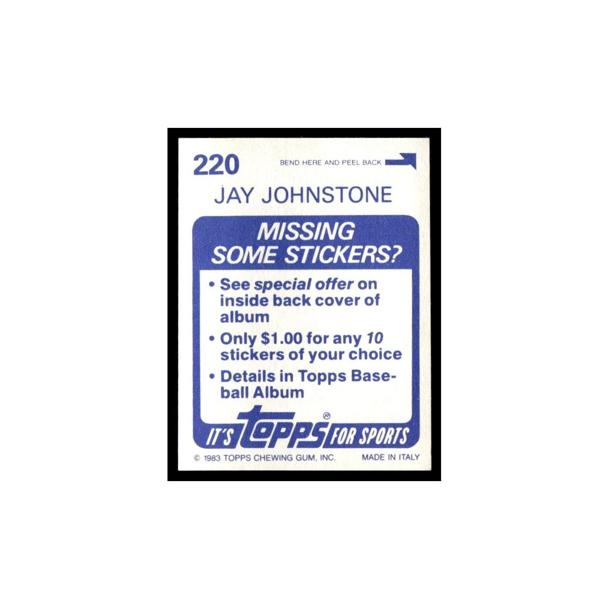 Jay Johnstone 1983 Topps Stickers #220 Chicago Cubs Baseball Card NM