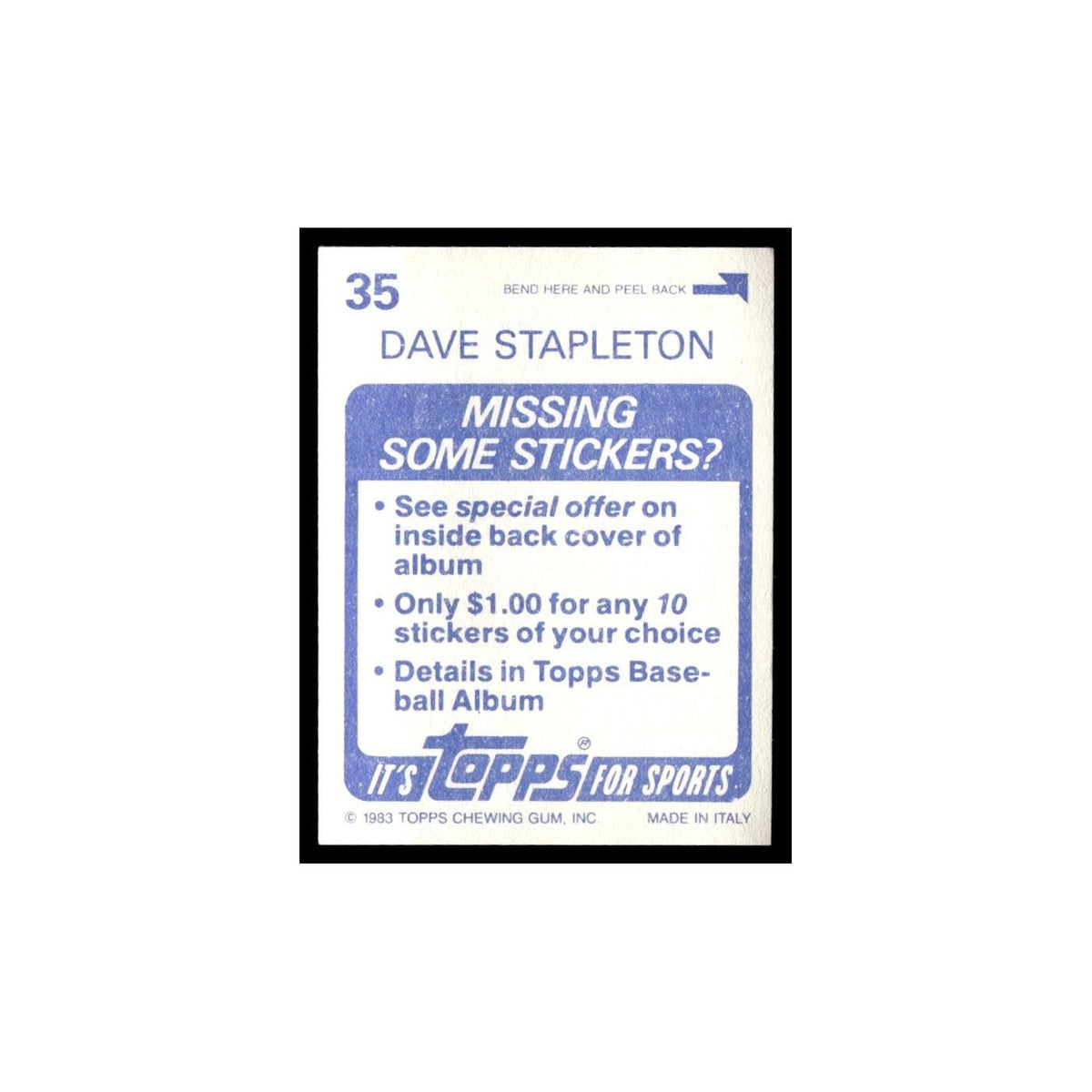 Dave Stapleton 1983 Topps Stickers #35 Boston Red Sox Baseball Card NM