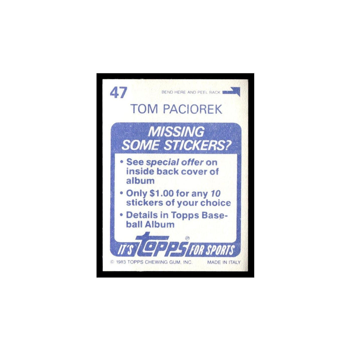 Tom Paciorek 1983 Topps Stickers #47 Chicago White Sox Baseball Card NM
