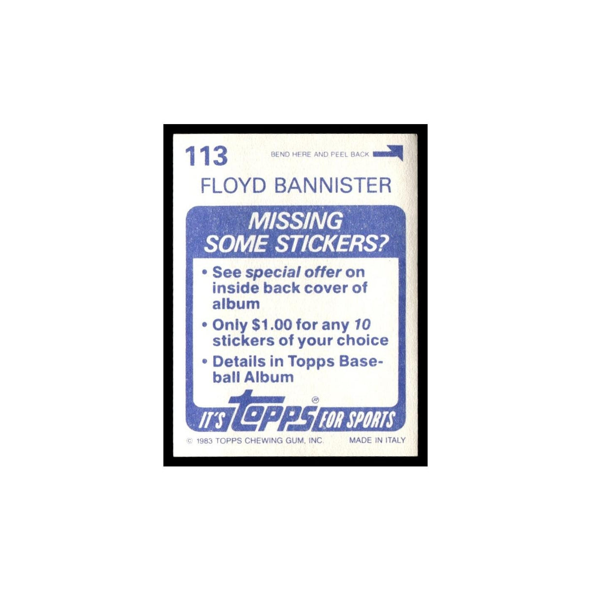 Floyd Bannister 1983 Topps Stickers #113 Seattle Mariners Baseball Card NM