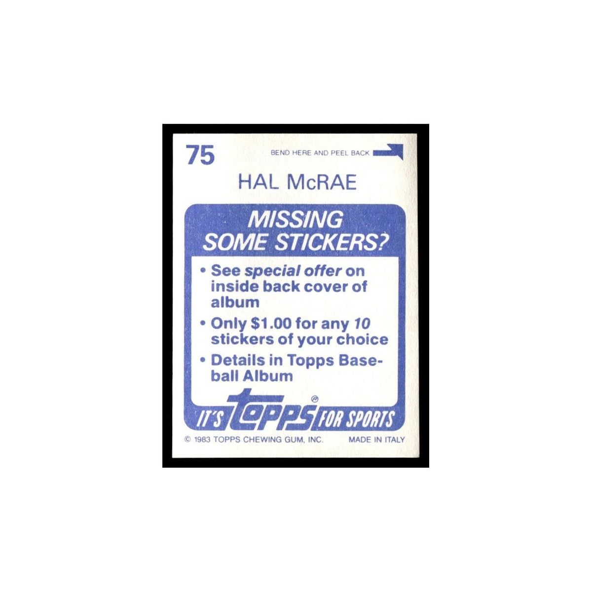 Hal McRae 1983 Topps Stickers #75 Kansas City Royals Baseball Card NM