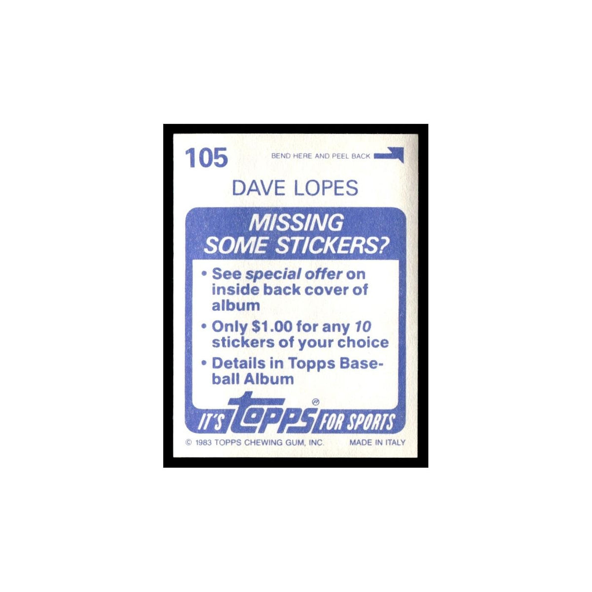 Dave Lopes 1983 Topps Stickers #105 Oakland Athletics Baseball Card NM