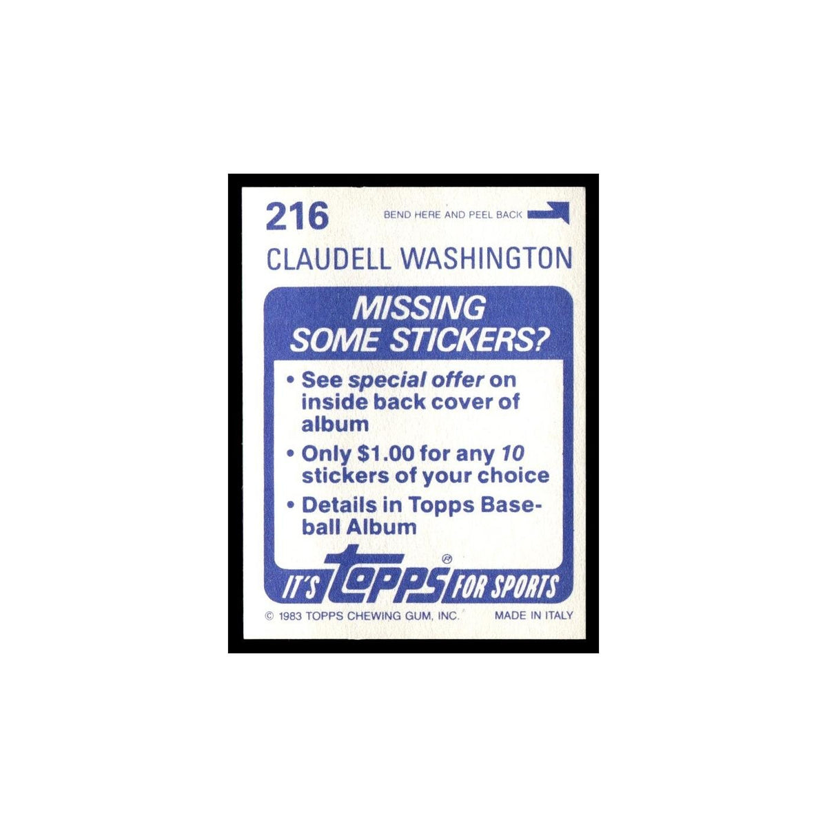 Claudell Washington 1983 Topps Stickers #216 Atlanta Braves Baseball Card NM