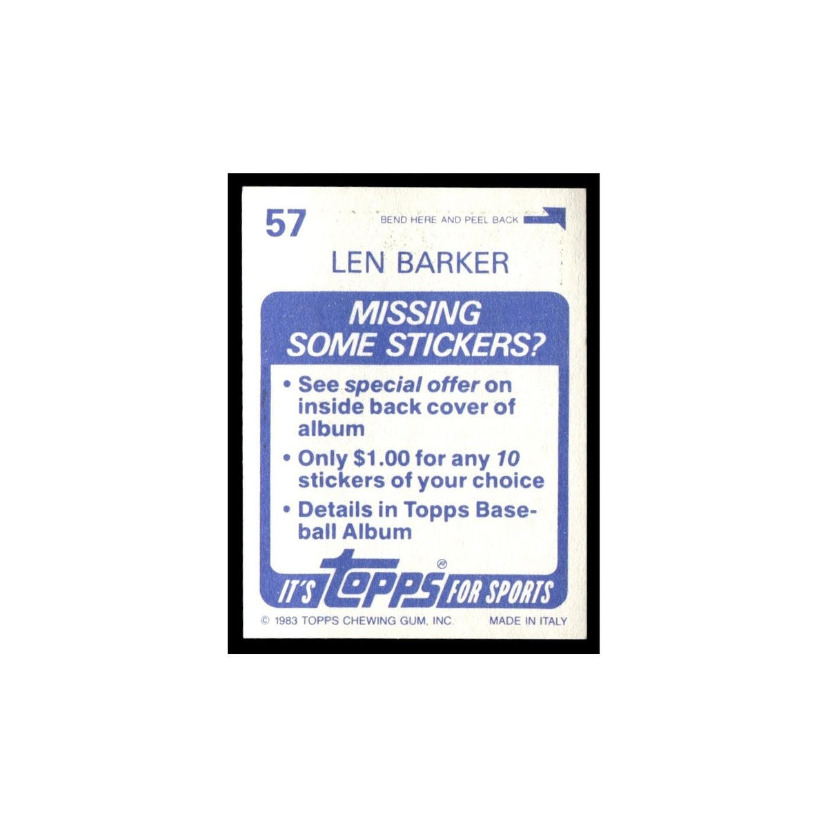 Len Barker 1983 Topps Stickers #57 Cleveland Indians Baseball Card NM