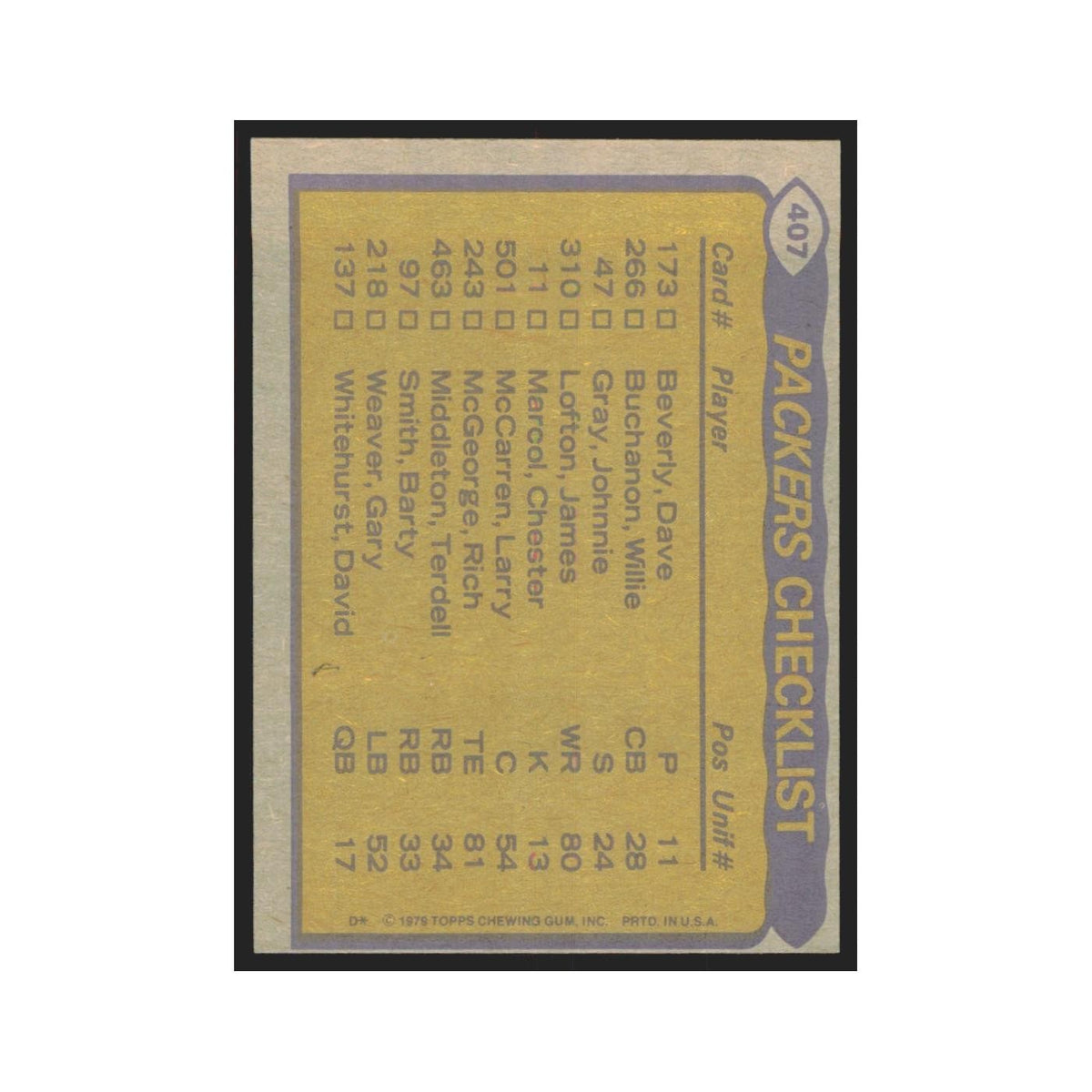 1979 Topps Willie Buchanon/Ezra Johnson/James Lofton/Terdell Middleton Packers