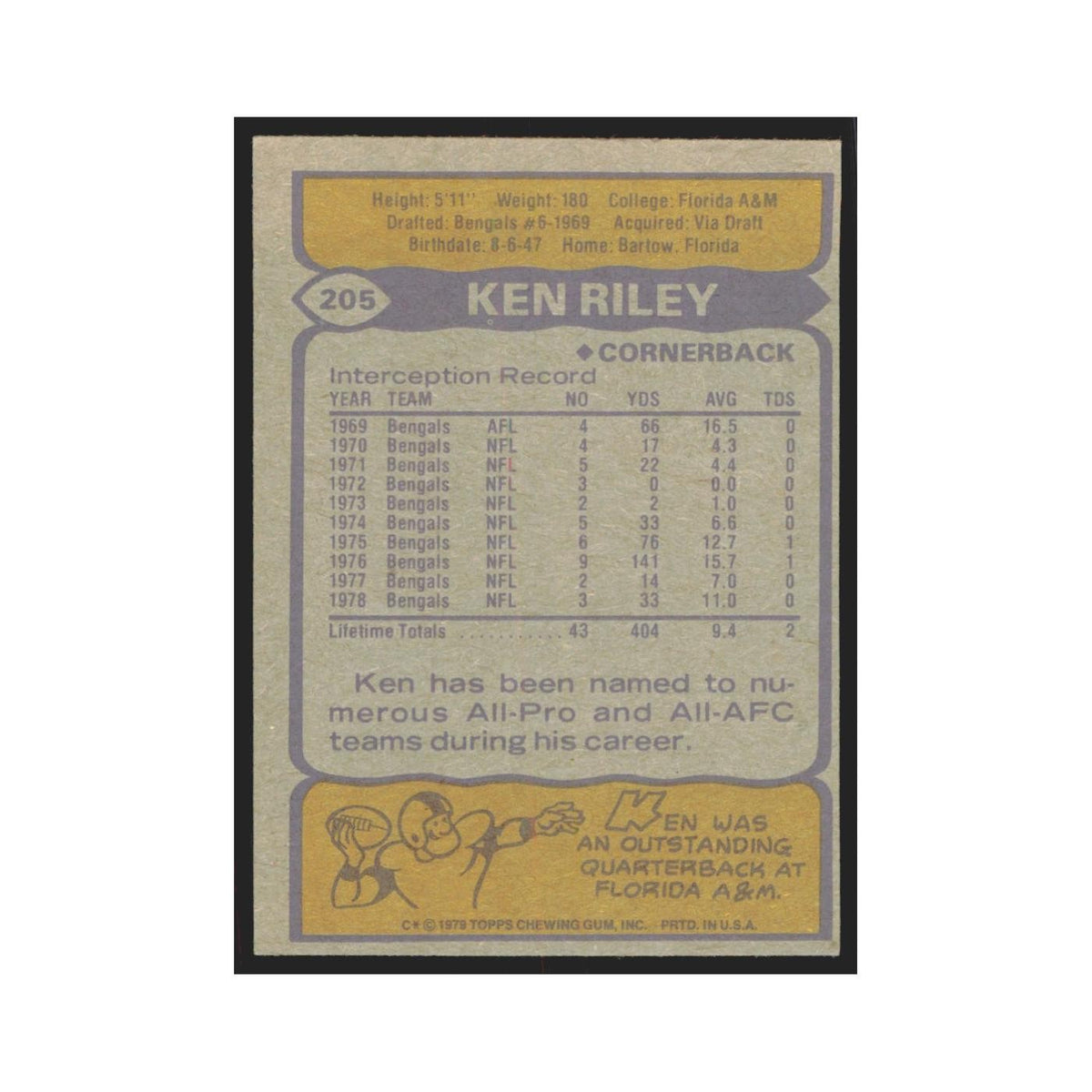 1979 Topps Ken Riley Bengals #205