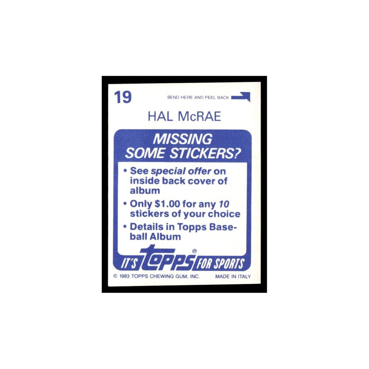 Hal McRae 1983 Topps Stickers #19 Kansas City Royals Baseball Card NM