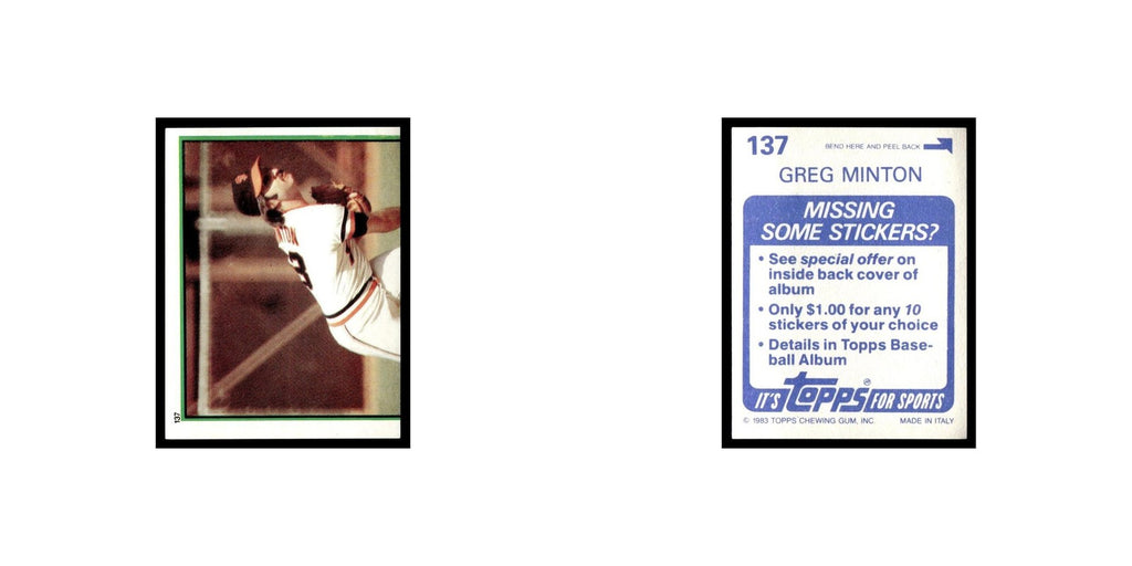 Greg Minton 1983 Topps Stickers #137 San Francisco Giants Baseball Card NM