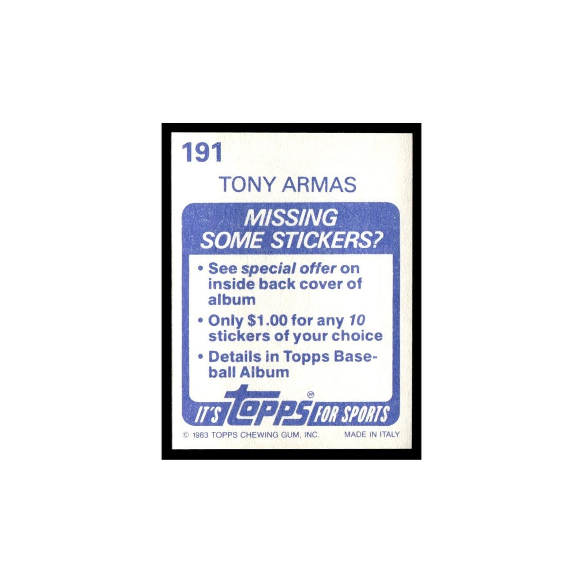 Tony Armas 1983 Topps Stickers #191 Oakland Athletics Baseball Card NM