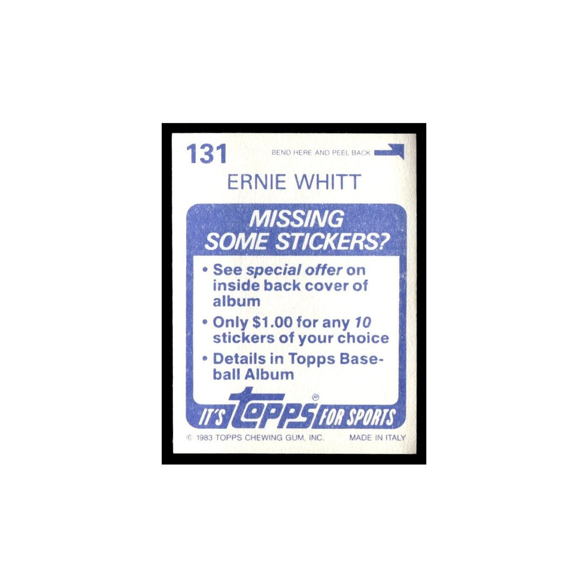 Ernie Whitt 1983 Topps Stickers #131 Toronto Blue Jays Baseball Card NM
