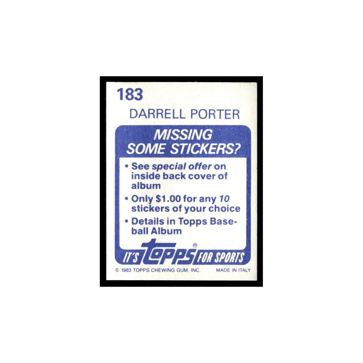 Darrell Porter 1983 Topps Stickers #183 St. Louis Cardinals Baseball Card NM