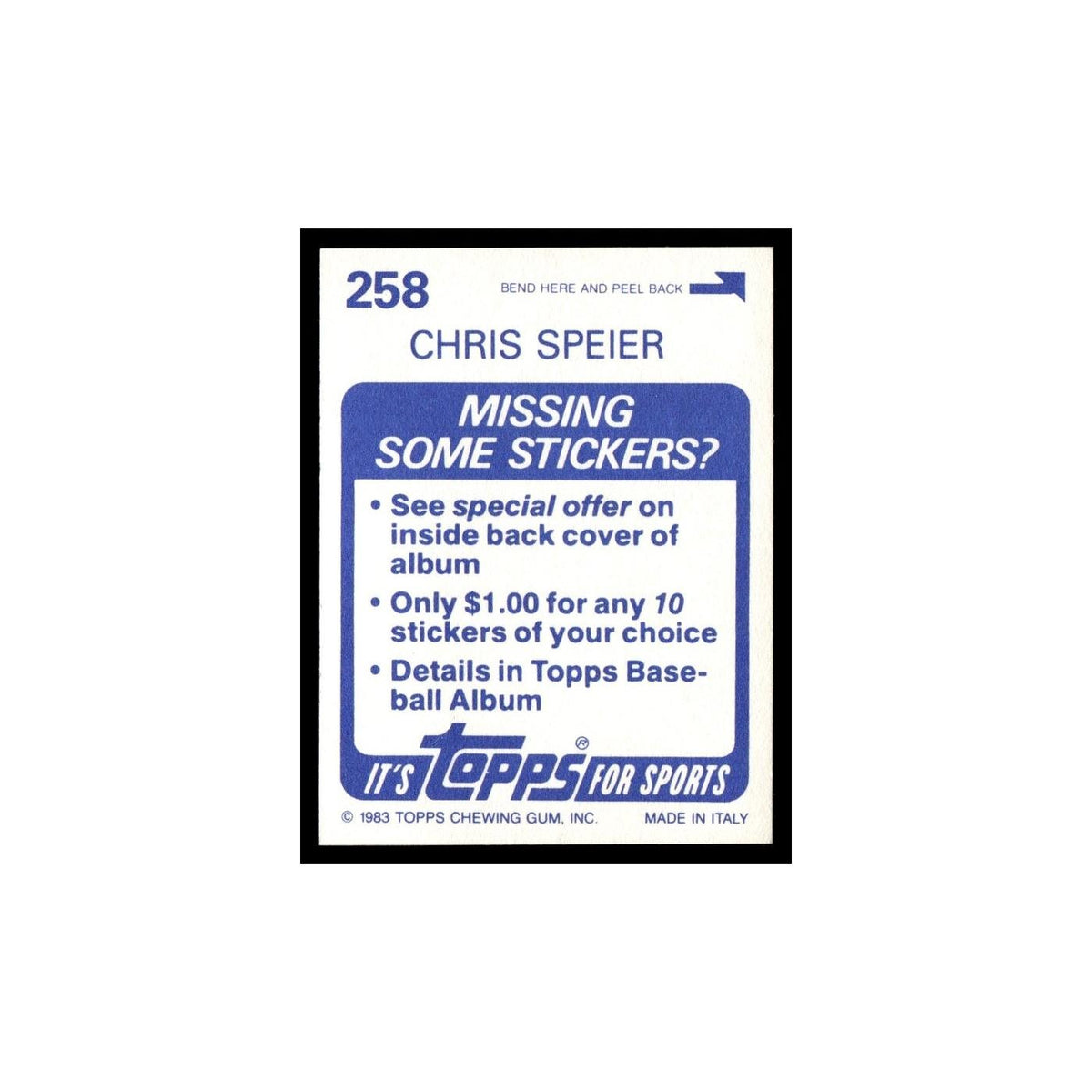 Chris Speier 1983 Topps Stickers #258 Montreal Expos Baseball Card NM