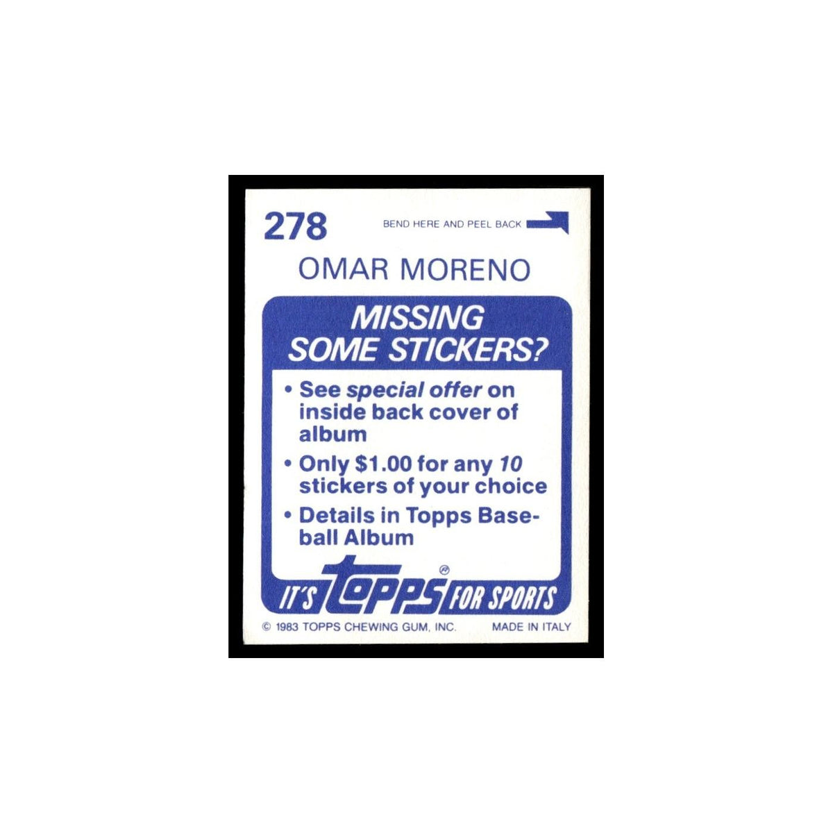 Omar Moreno 1983 Topps Stickers #278 Pittsburgh Pirates Baseball Card NM