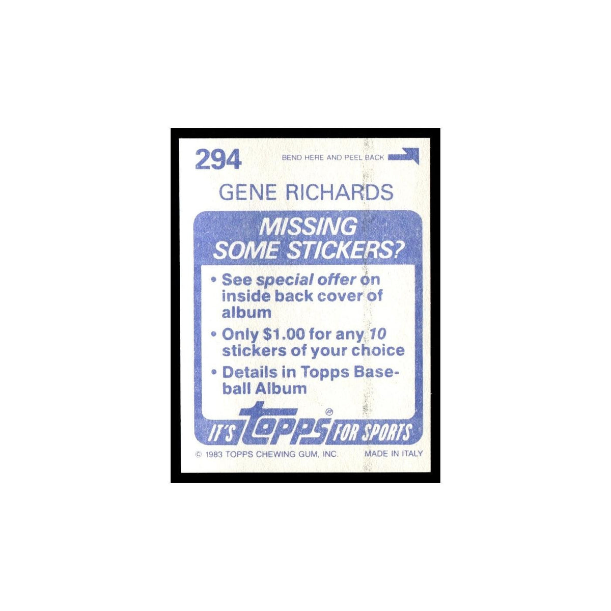 Gene Richards 1983 Topps Stickers #294 San Diego Padres Baseball Card NM