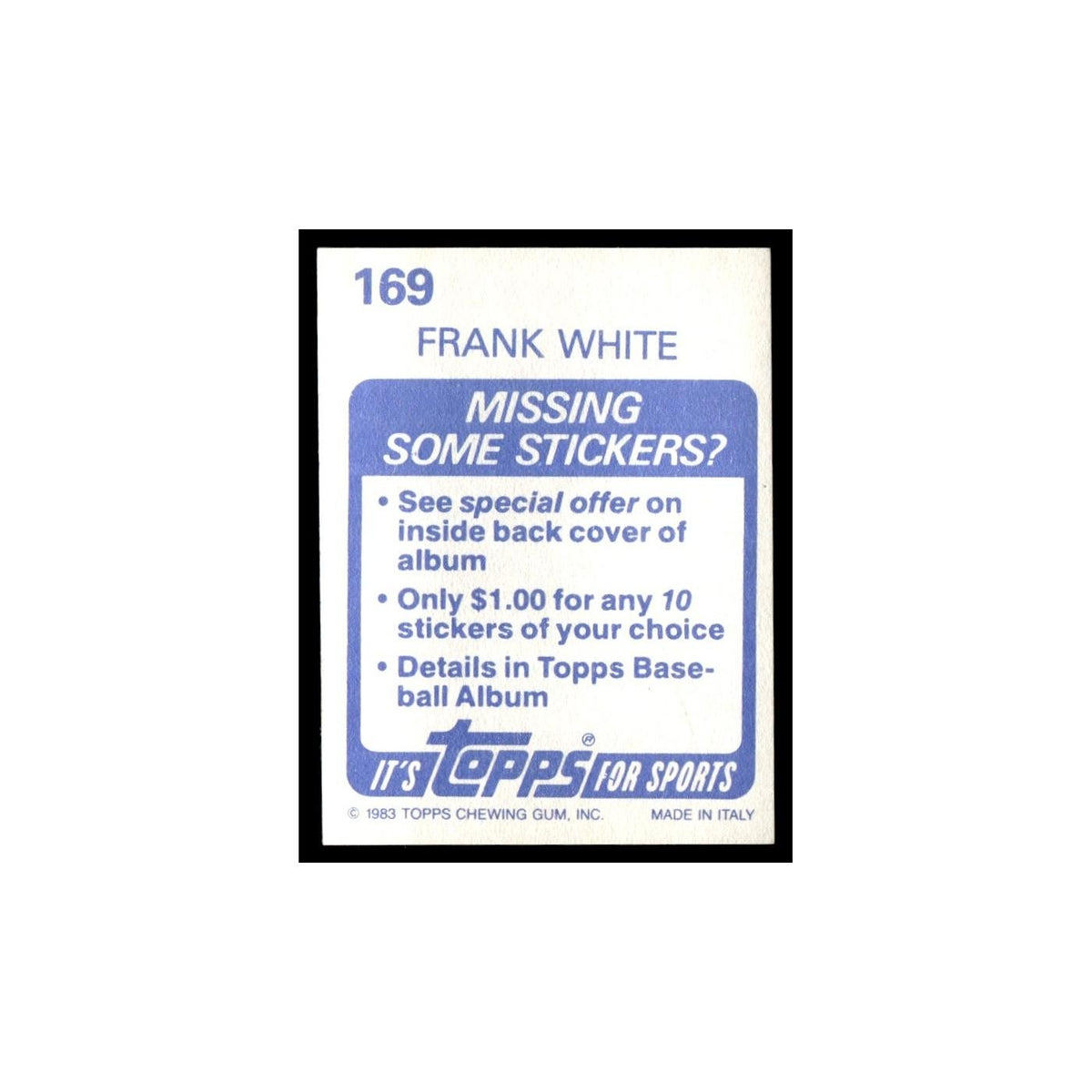 Frank White 1983 Topps Stickers #169 Kansas City Royals Baseball Card NM