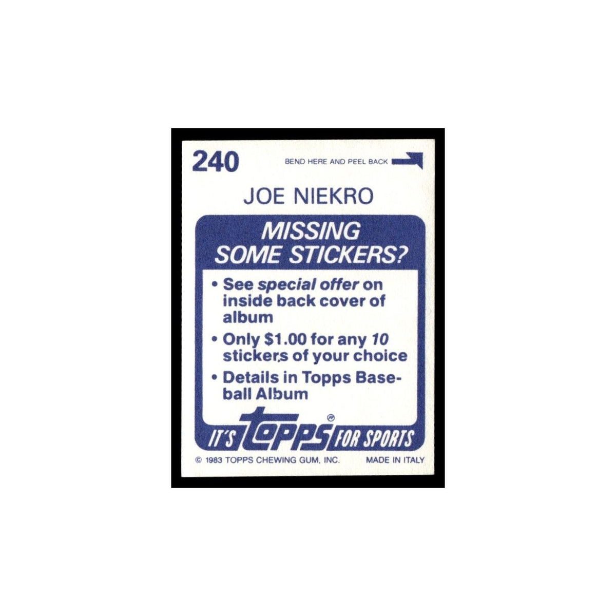 Joe Niekro 1983 Topps Stickers #240 Houston Astros Baseball Card NM