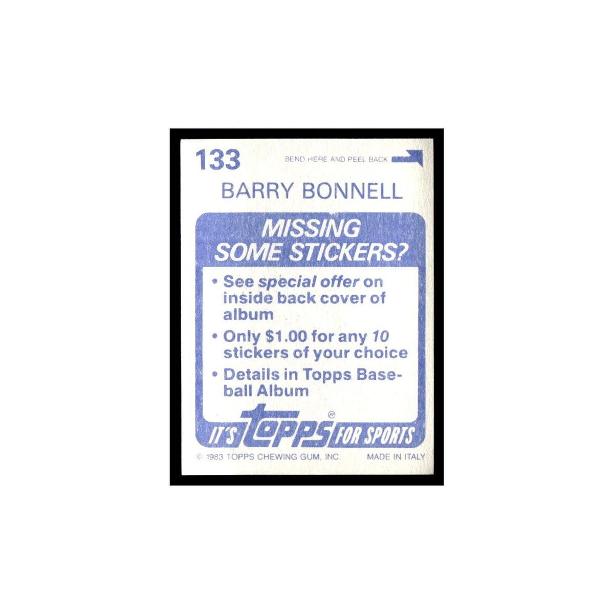 Barry Bonnell 1983 Topps Stickers #133 Toronto Blue Jays Baseball Card NM