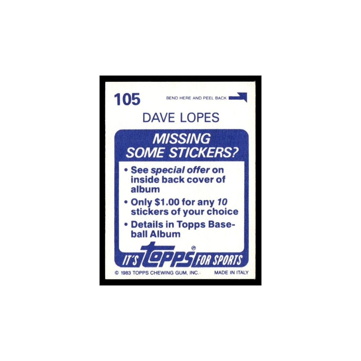 Dave Lopes 1983 Topps Stickers #105 Oakland Athletics Baseball Card NM