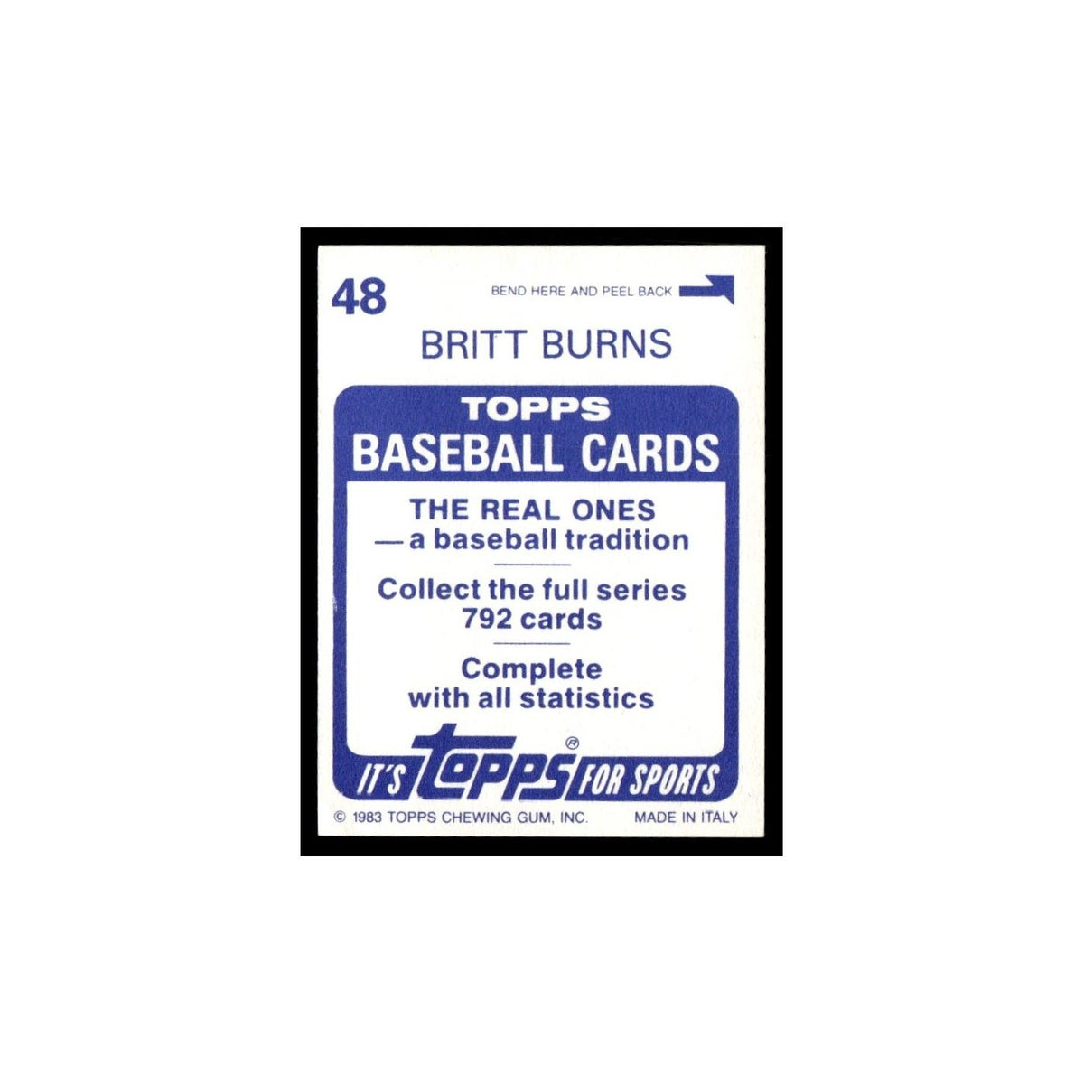 Britt Burns 1983 Topps Stickers #48 Chicago White Sox Baseball Card NM