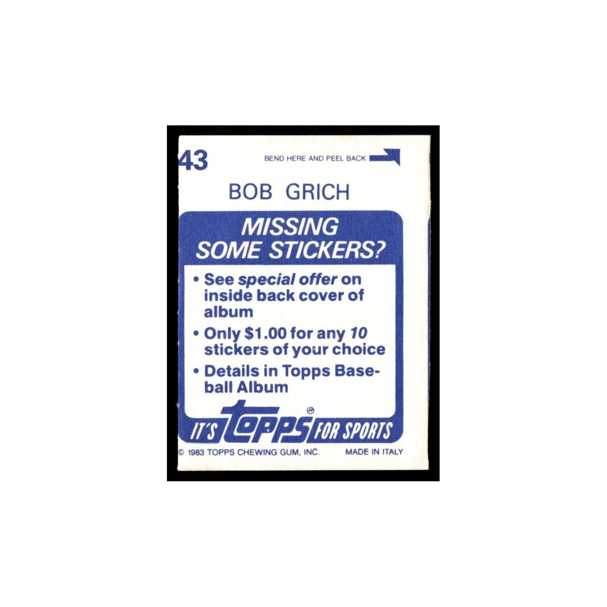 Bob Grich 1983 Topps Stickers #43 California Angels Baseball Card NM