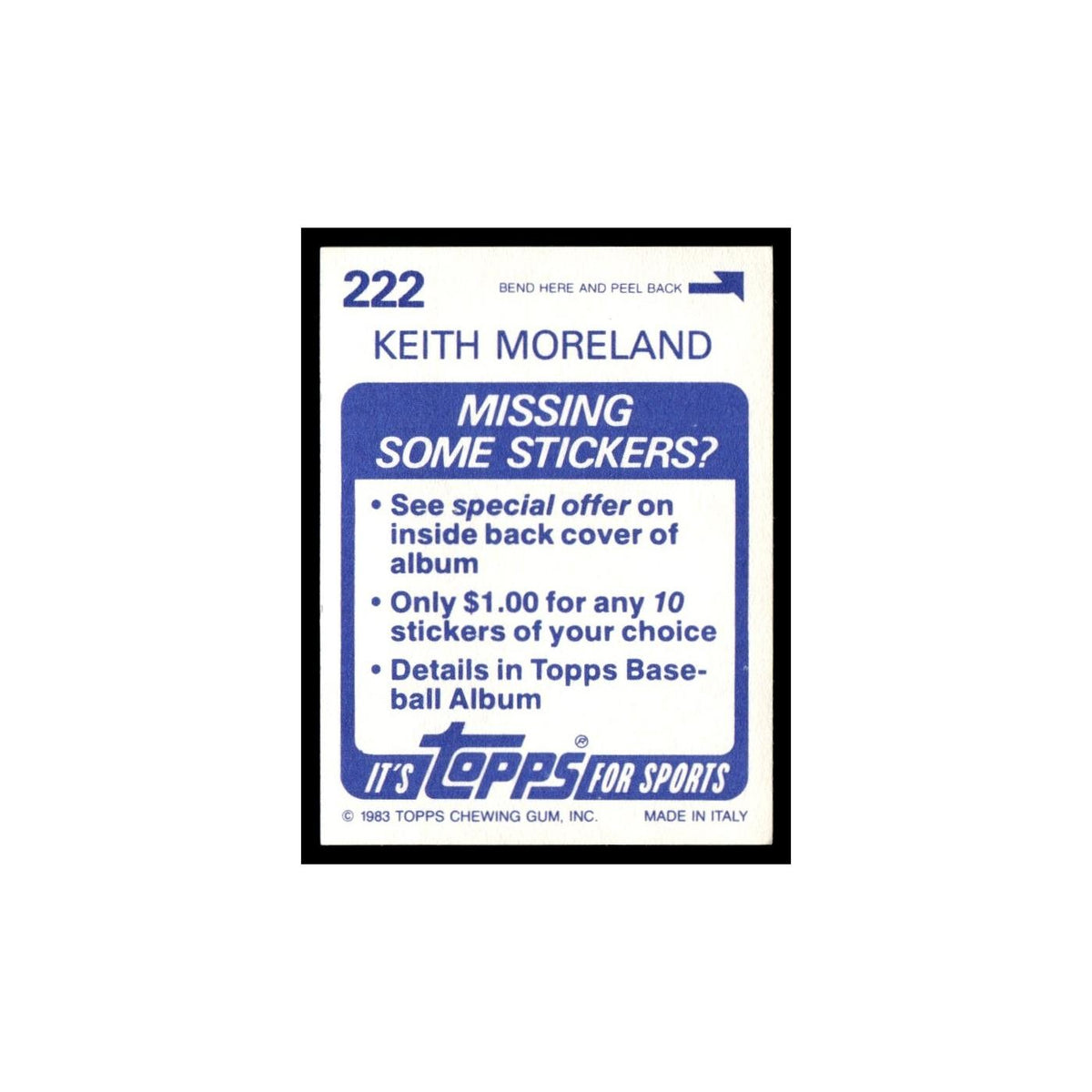 Keith Moreland 1983 Topps Stickers #222 Chicago Cubs Baseball Card NM