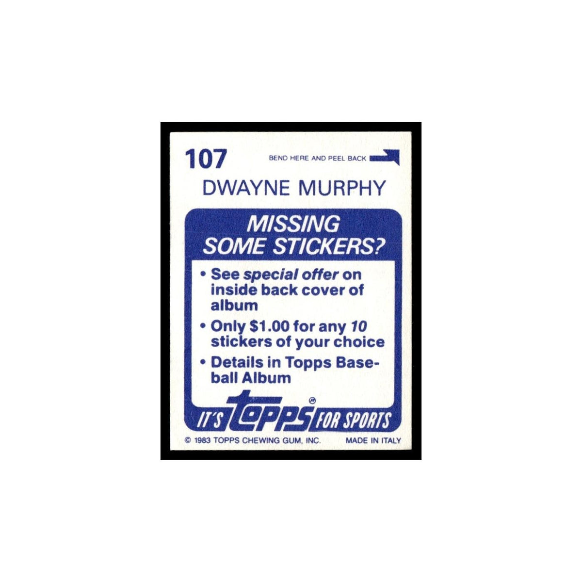 Dwayne Murphy 1983 Topps Stickers #107 Oakland Athletics Baseball Card NM