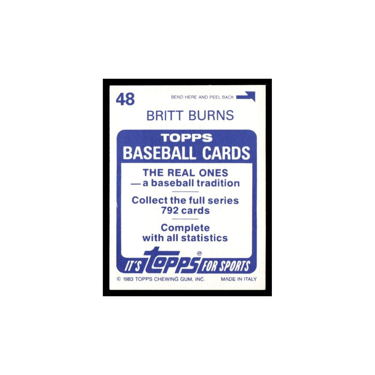 Britt Burns 1983 Topps Stickers #48 Chicago White Sox Baseball Card NM
